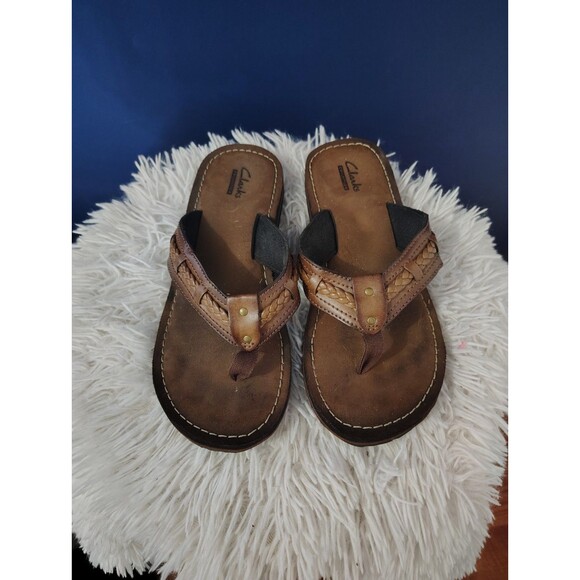 Clarks Collection Brown Braided Leather Flip Flops Thongs Sandals Ladies Sz 7 - Picture 1 of 8